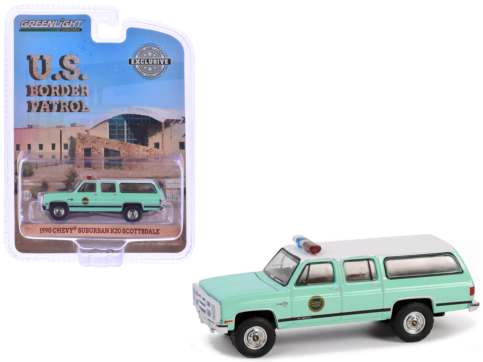 1990 Chevrolet Suburban K20 Scottsdale "United States Border Patrol" Light Green with White Top "Hobby Exclusive" Series 1/64 Diecast Model Car by Greenlight