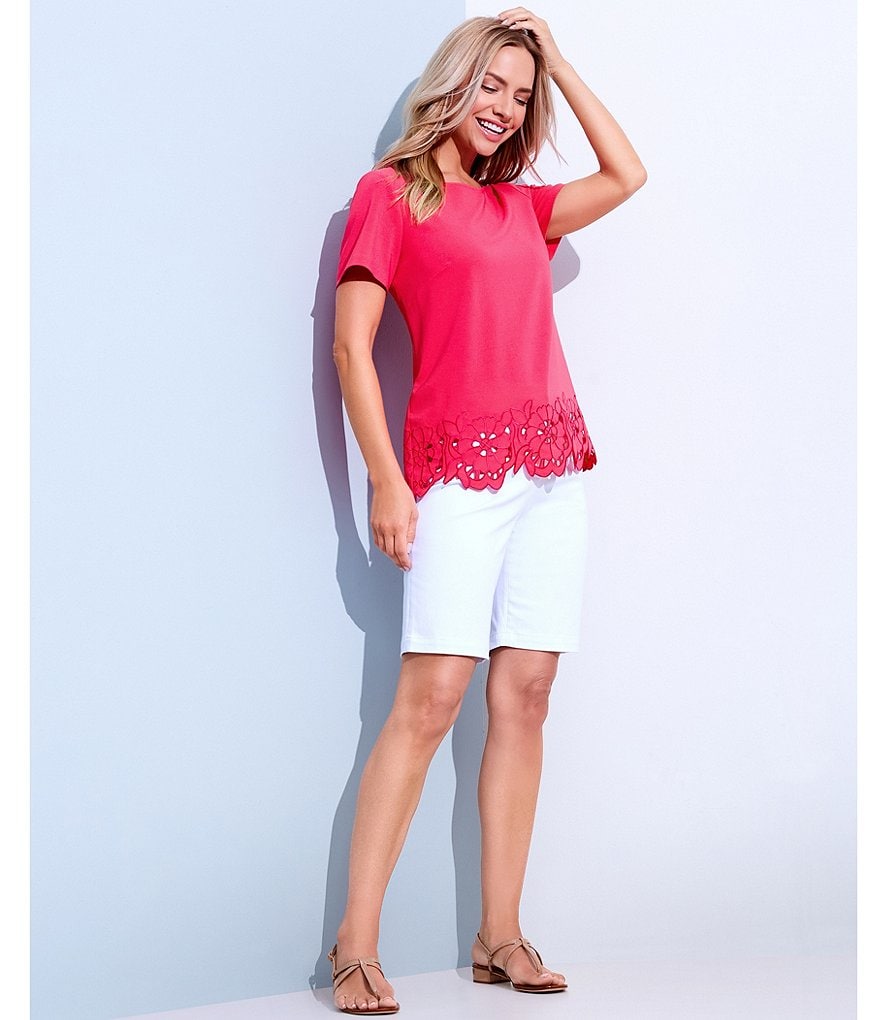 Preston & York Pat Laser Cut Floral Hem Crew Neck Short Sleeve Blouse