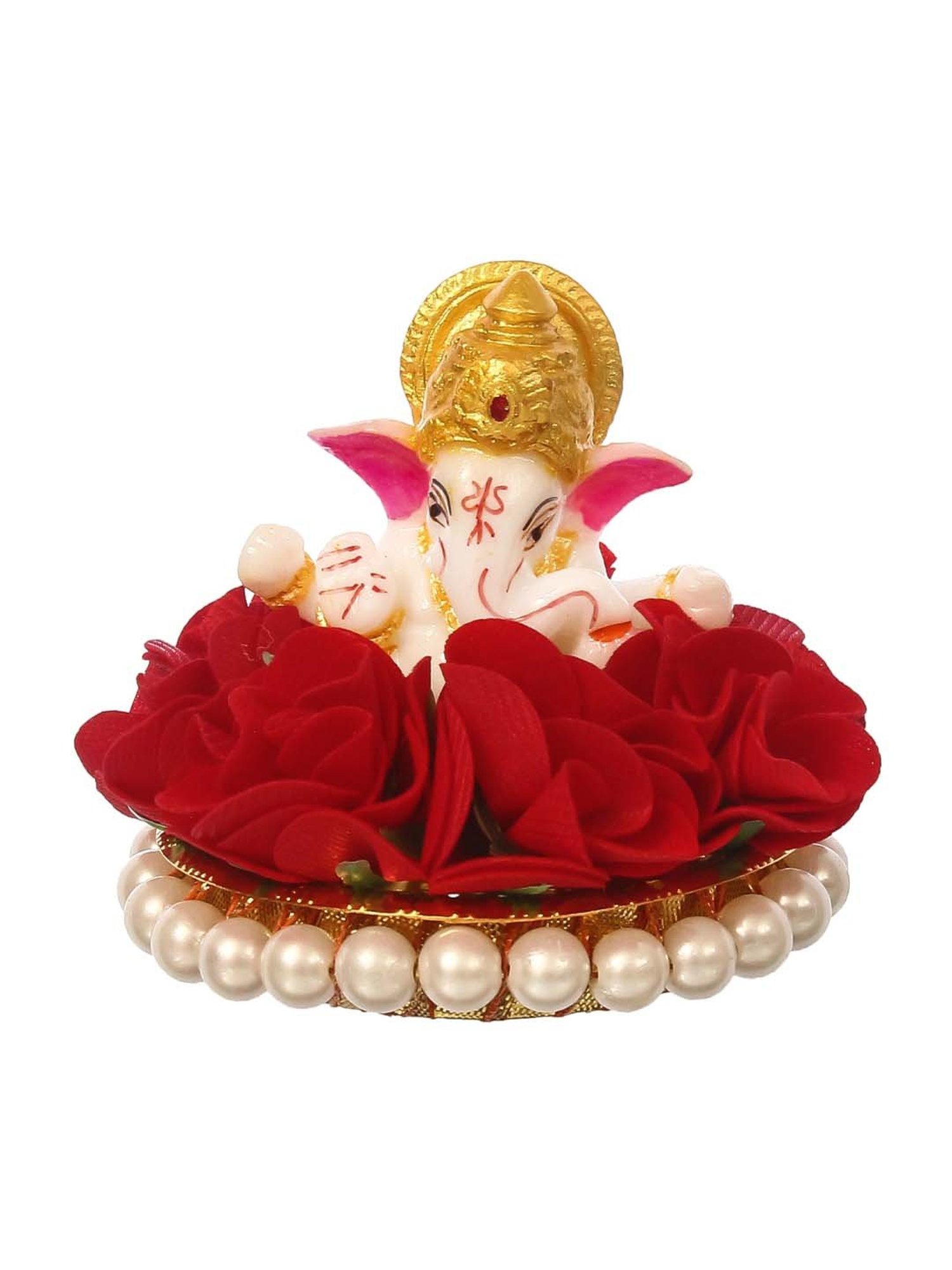 eCraftIndia Lord Ganesha Idol on Decorative Handcrafted Plate with Red Flowers