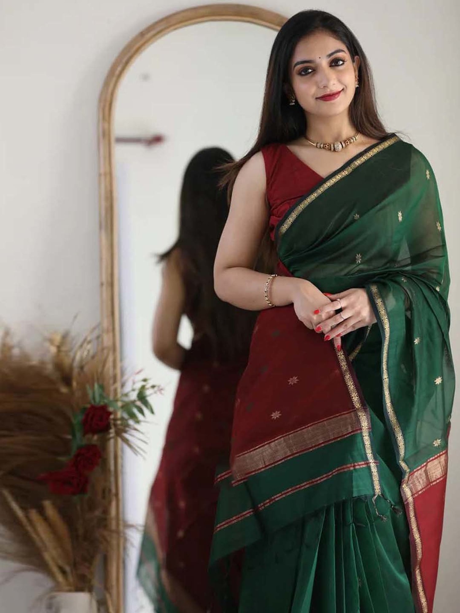 SHUBHKALA Green & Maroon Silk Woven Saree With Unstitched Blouse