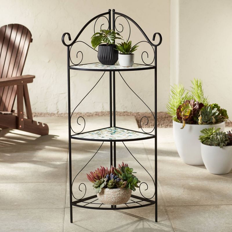 Teal Island Designs Aqua Mosaic 47" High Black Iron Three Shelf Plant Stand