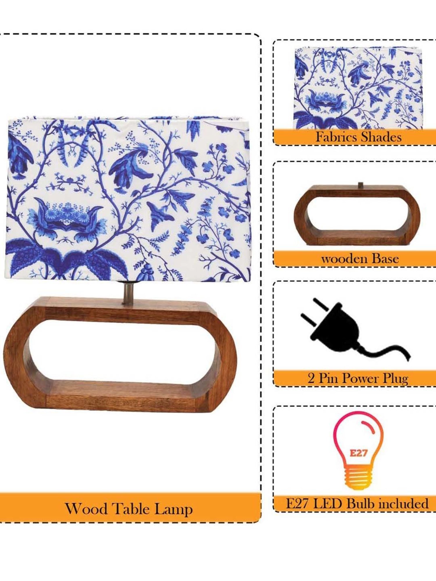 Homesake Blue & Brown Wood Bedside Desk Nightstand Table Lamp