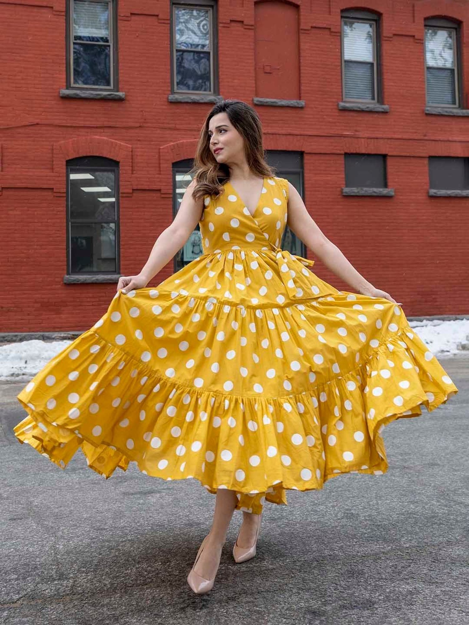 AACHHO Yellow Daffy Polka Cotton Dress