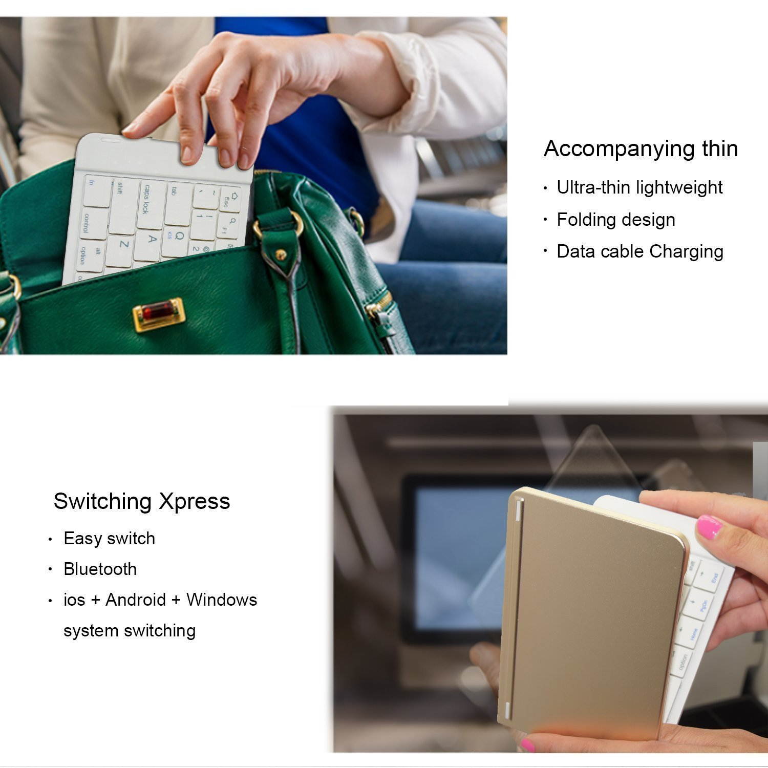 K09 Ultra-slim Mini Wireless Foldable Bluetooth Keyboard For iOS / Android / Windows, iPad Mini, iPad Pro, iPhone, Other Smartphones, Windows, PC, Tablets With Rechargable Li-ion Battery