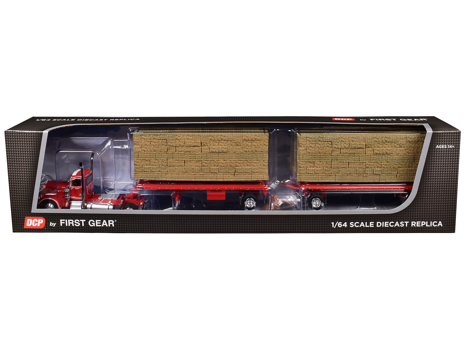 Peterbilt 389 Day Cab with Utility Dual 28.5' Flatbed Trailers with Hay Loads Viper Red with Graphics 1/64 Diecast Model by DCP/First Gear