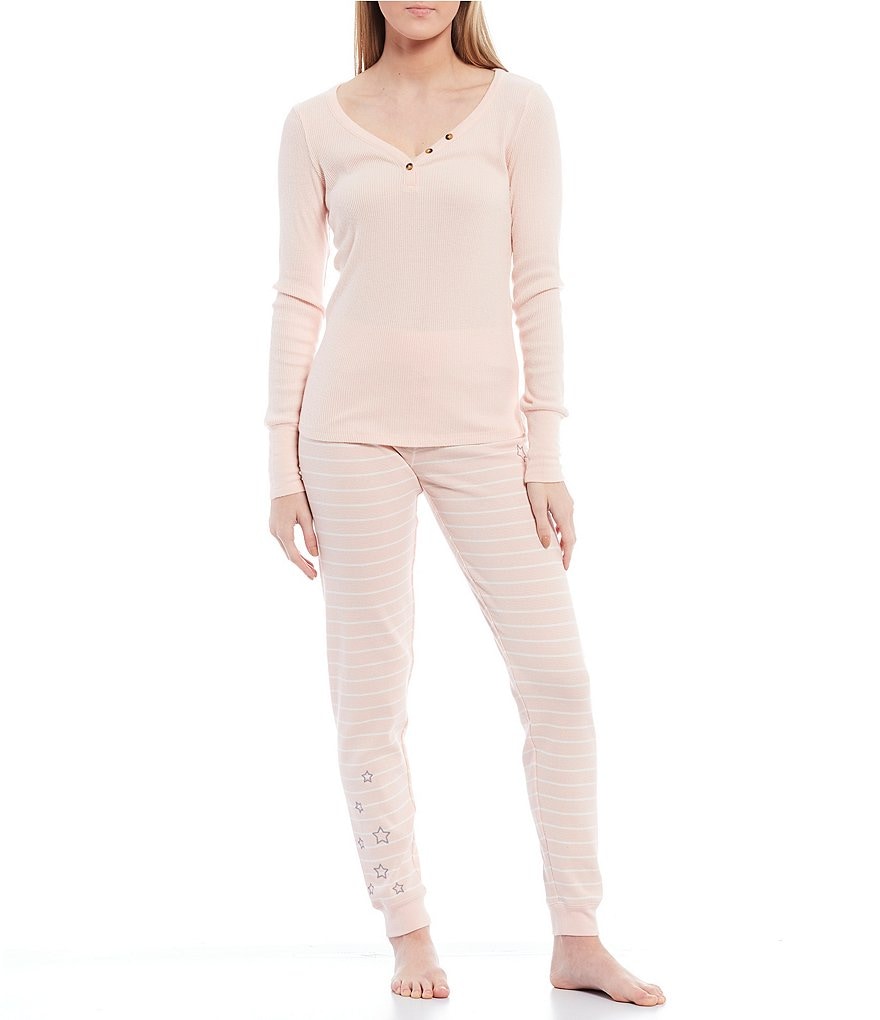 PJ Salvage Love More Striped Print Thermal Knit Coordinating Jogger Sleep Pants