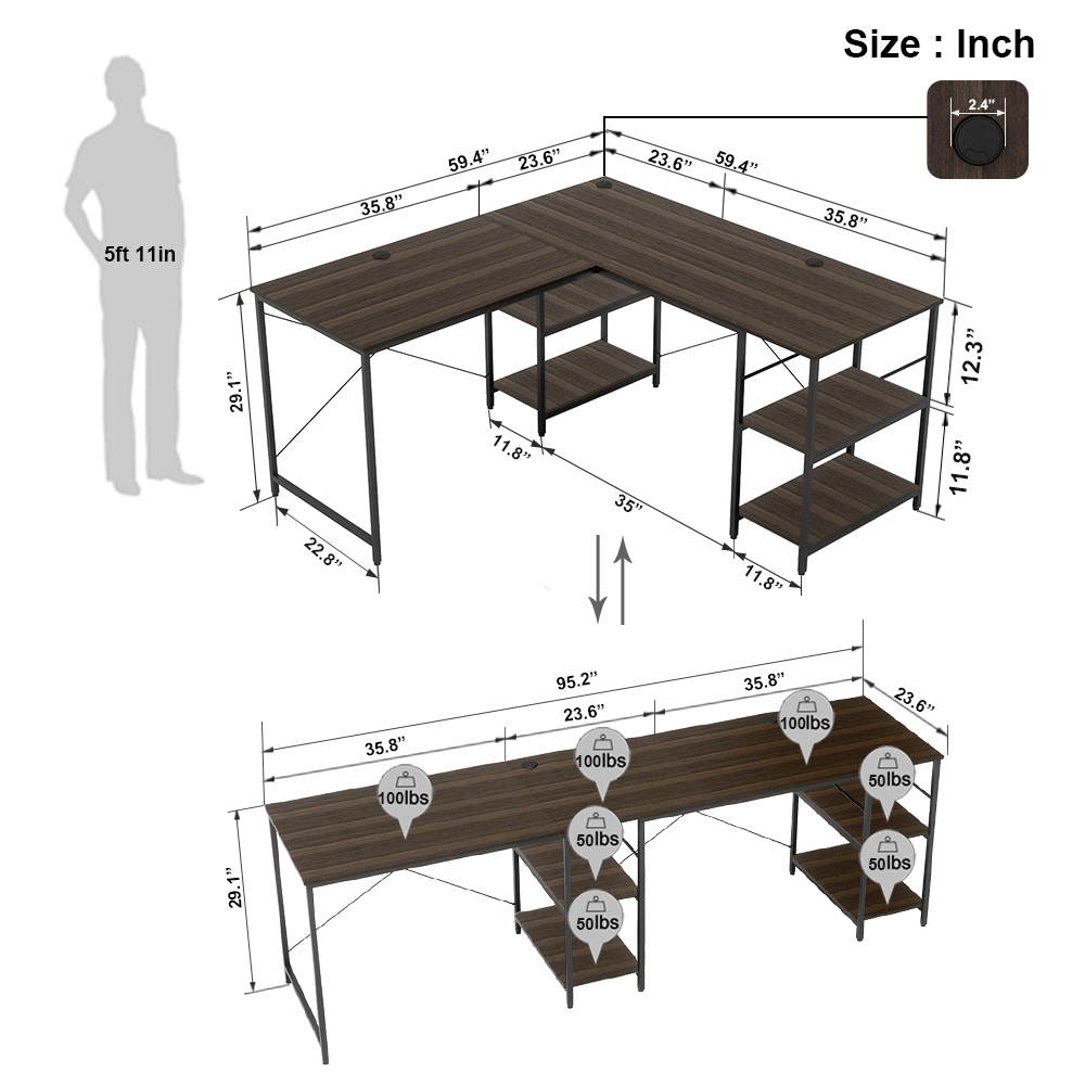 Bestier L Shaped Desk with Shelves 95.2 Inch Reversible Corner Computer Desk or 2 Person Long Table for Home Office Large Gaming Writing Storage Workstation P2 Board with 3 Cable Holes, Grey Oak
