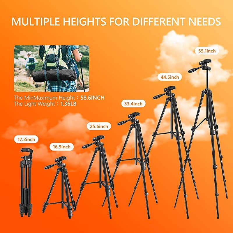 Tripod 55 Inch Lightweight Tripod for with 2 in 1 Holder for Tablet and CellAluminum Alloy 3Way Head Tripod for DLSR Camera with Carrying Bag and Bluetooth Remote Control