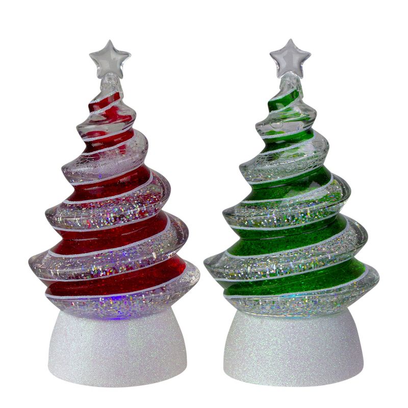 Roman Set of 2 Pre-Lit Red and Green LED Color Changing Swirl Tree Christmas Glitter Domes 8.5"