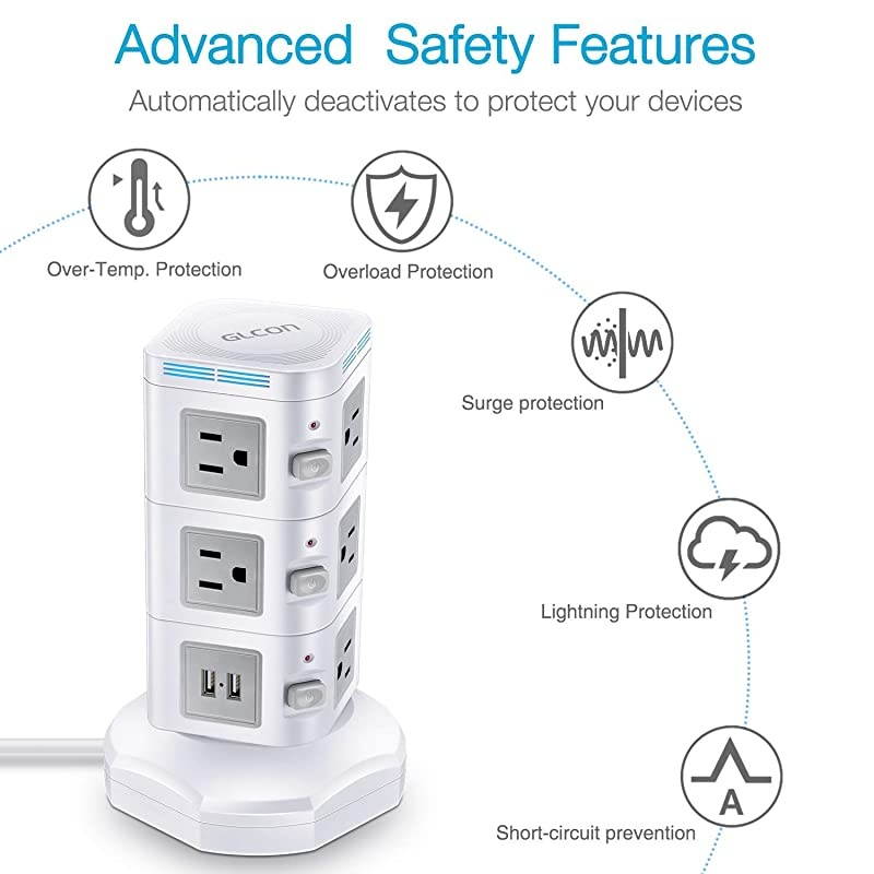 Power Strip Extension Cord with 4 USB Ports 10 Outlets  Surge Protector Power Strip Tower with Wireless Charger for iPhone Samsung Huawei Multi Outlets Plug Charging Station