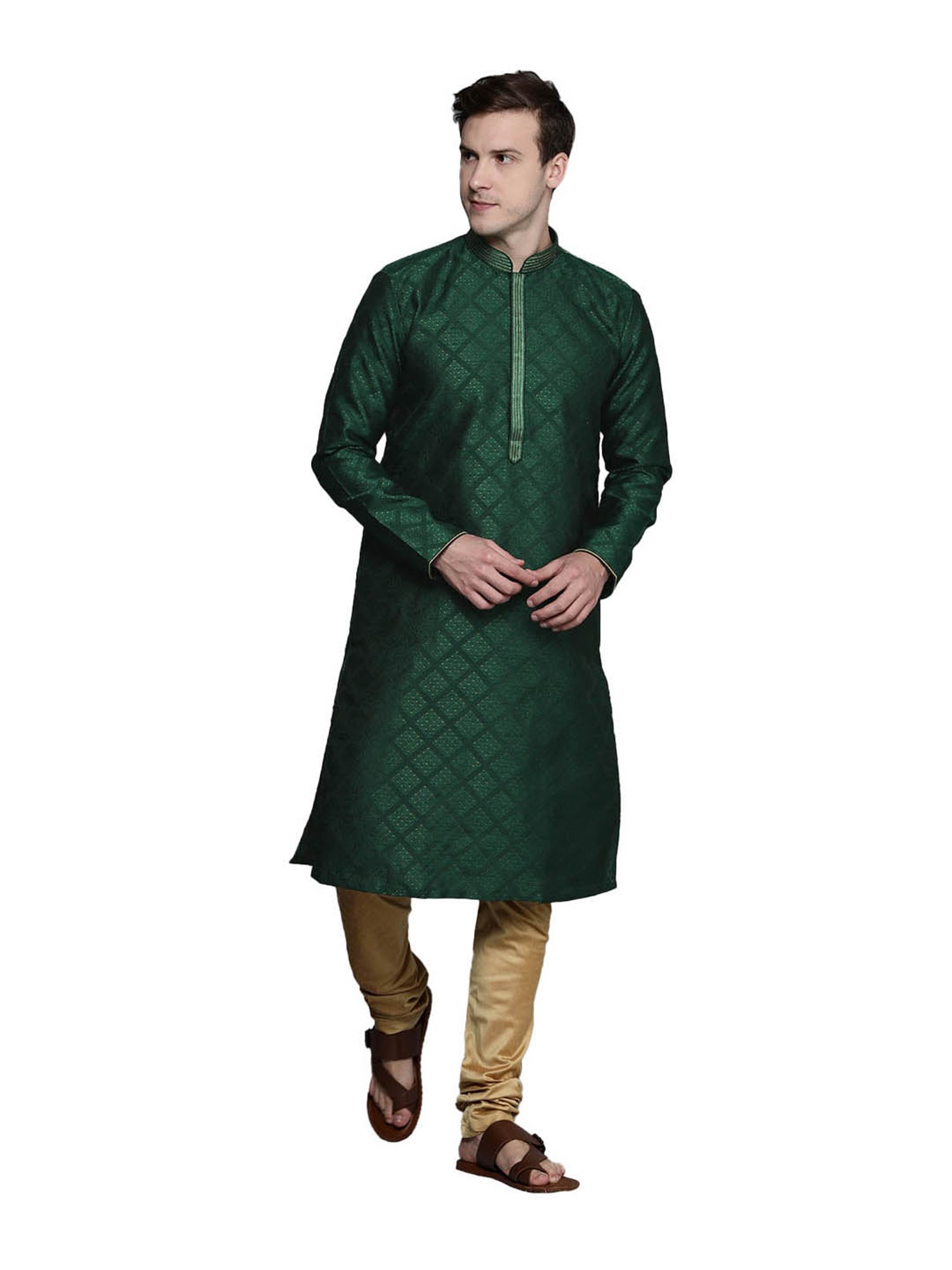 Manyavar Bottle Green & Beige Jacquard Kurta With Churidar Set