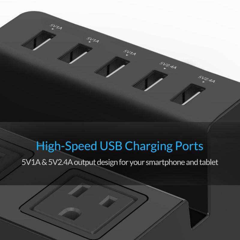 ORICO  40W 8A 5 USB Super Charger with 2 x AC Outlet Power Strip Surge Protector with 5 Feet Cord (3 x 5V1A,2 x 5V2.4A) for iPhone 7/7Puls/6S/6S P/5SE/iPad/LG/Samsung/HTC and More - Black (ODC-2A5U)