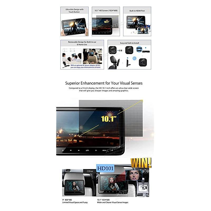 10.1 Inch HD Digital Screen Car Headrest DVD Player Ultra-Thin Detachable Touch Button with HDMI Port One New Version Black IR Headphone Included