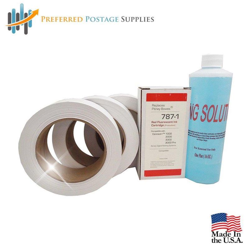 Compatible 787-1 Max Volume Ink Cartridge Compare to Pitney Bowes 787-1 + (3 Rolls) 613-H Connect Tape for Pitney Bowes Connect + Series and 16 oz Bottle of Sealing Solution