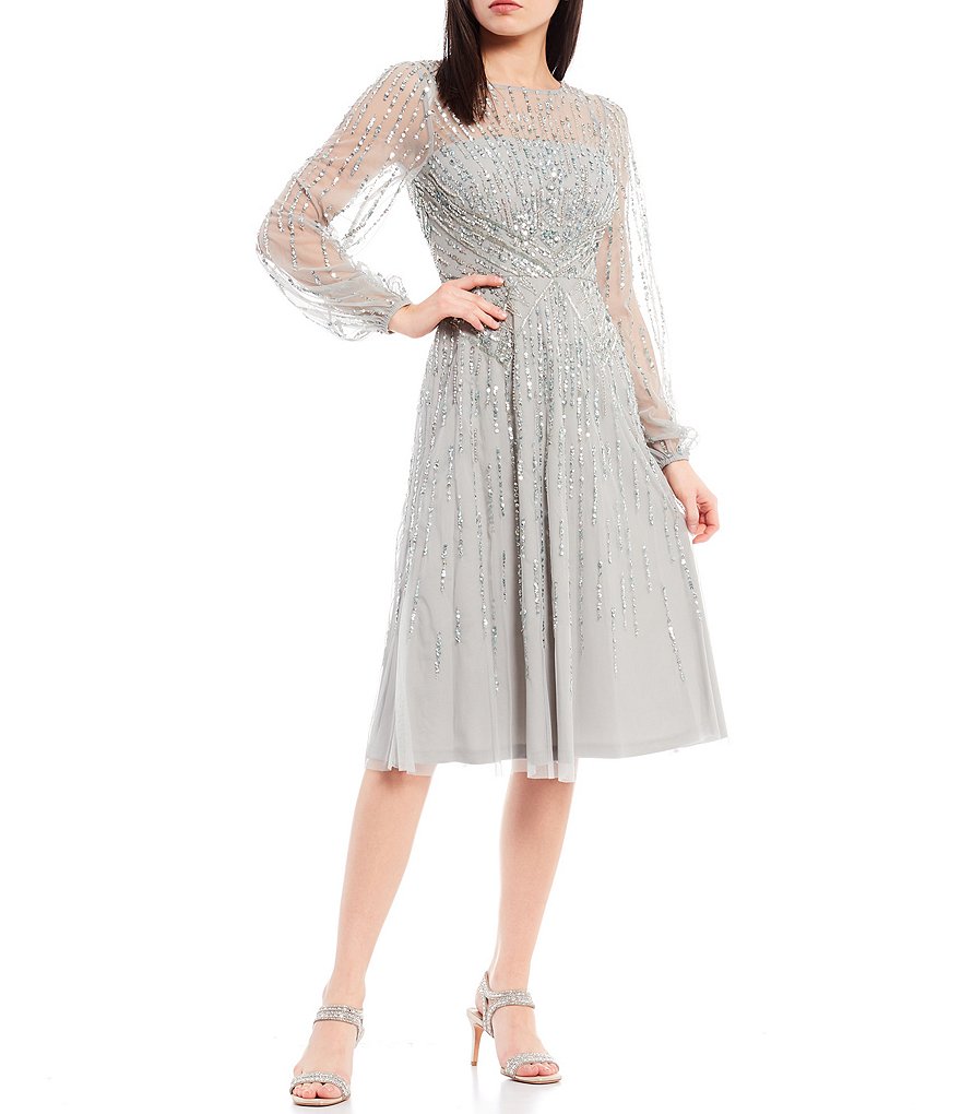 Adrianna Papell Beaded Balloon Long Sleeve Boat Neck A-Line Dress