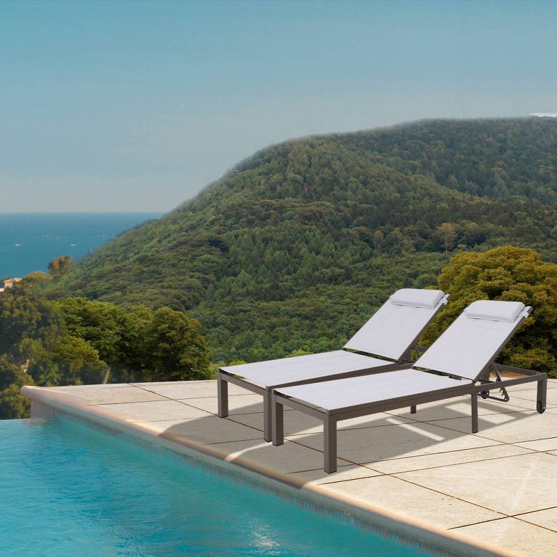 2pc Outdoor Adjustable Quilted Chaise Lounge Chairs with Wheels - Light Gray - Crestlive Products