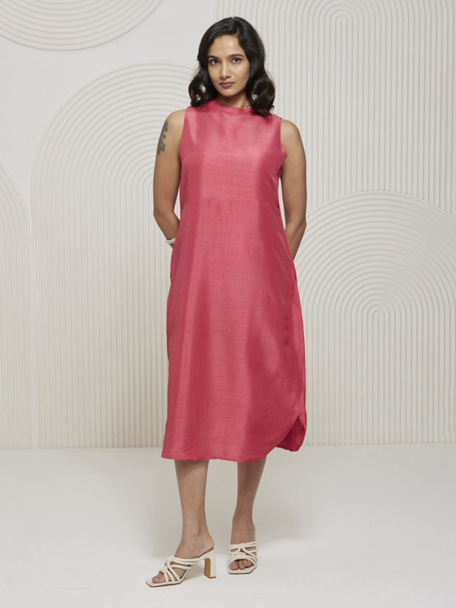 Artagai Tea Berry Pink Elevated Basics Band Collar Sleeveless Dress With Curved Hemline