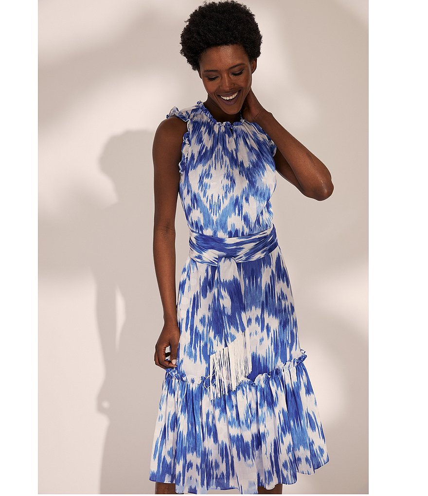 Tahari ASL Ikat Midi Ruffle High Neck Hem Self Tie Dress