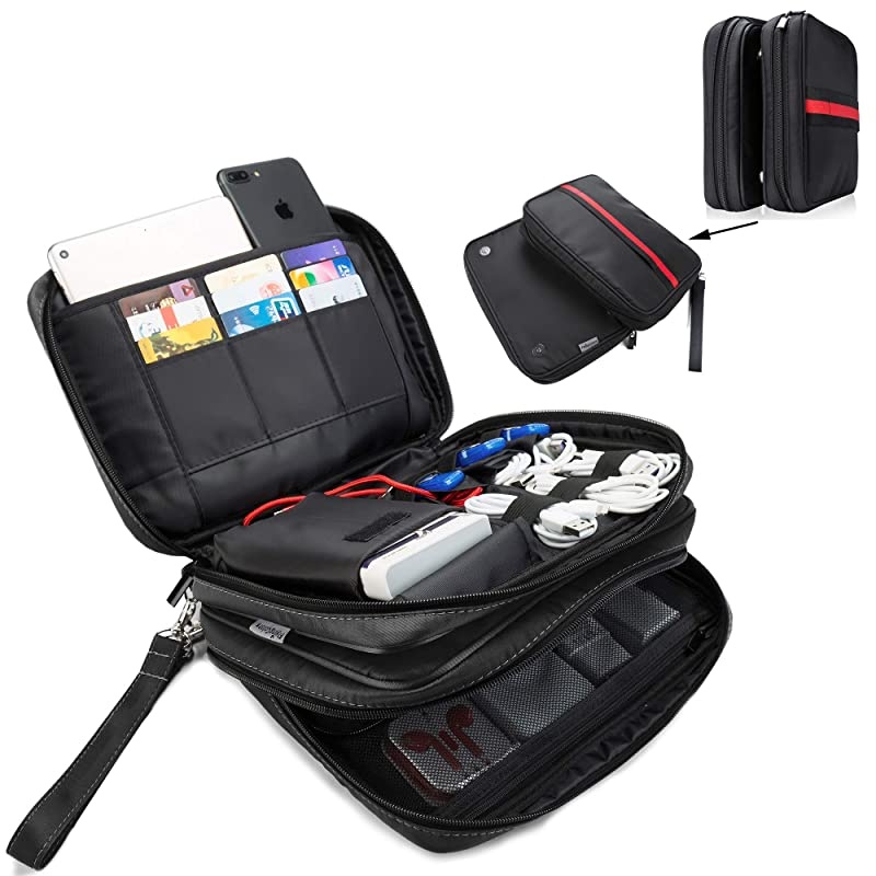 Electronic Organizer Double Layer Detachable Universal Waterproof Travel Cable Case Cord Accessories Storage Bag for Cable, iPad, Phone, Charger, USB, SD Card (Black)