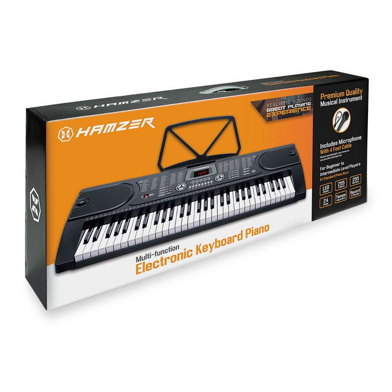 Hamzer 61-Key Electronic Piano Electric Organ Music Keyboard with Stand, Microphone, & Sticker Sheet - Black