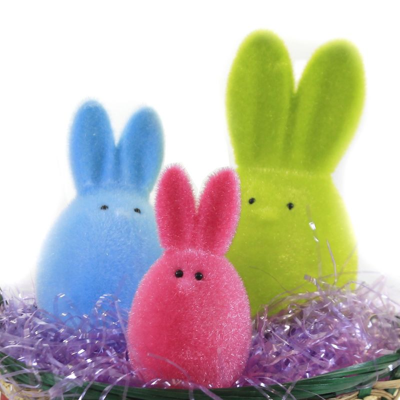 Easter 7.5" Flocked Bunny Family Set / 3 Rabbit Fuzzy Decor Decoration  -  Decorative Figurines