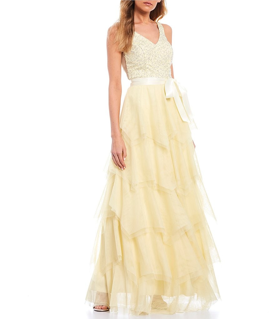 Teeze Me Spaghetti Strap V-Neck Sequin-Embellished Tiered Mesh Skirt Ball Gown