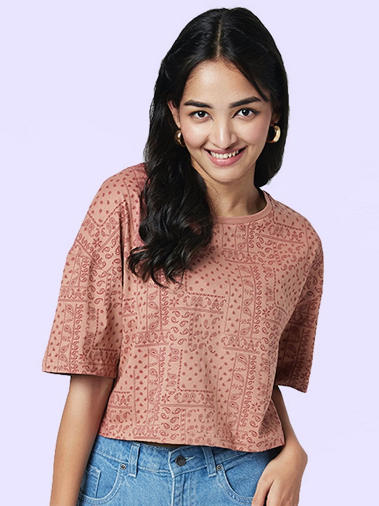 YU by Pantaloons Brown Cotton Printed Top