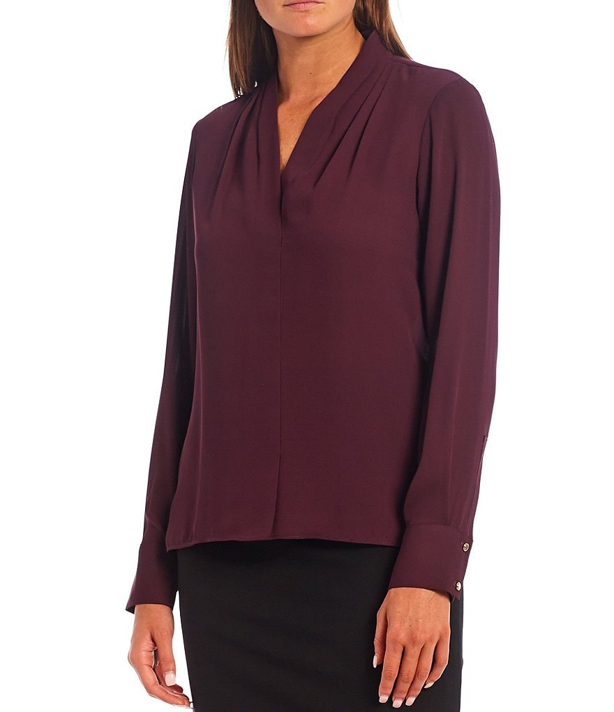 Preston & York Caroline Bow Woven V-Neck 3/4 Sleeve Blouse