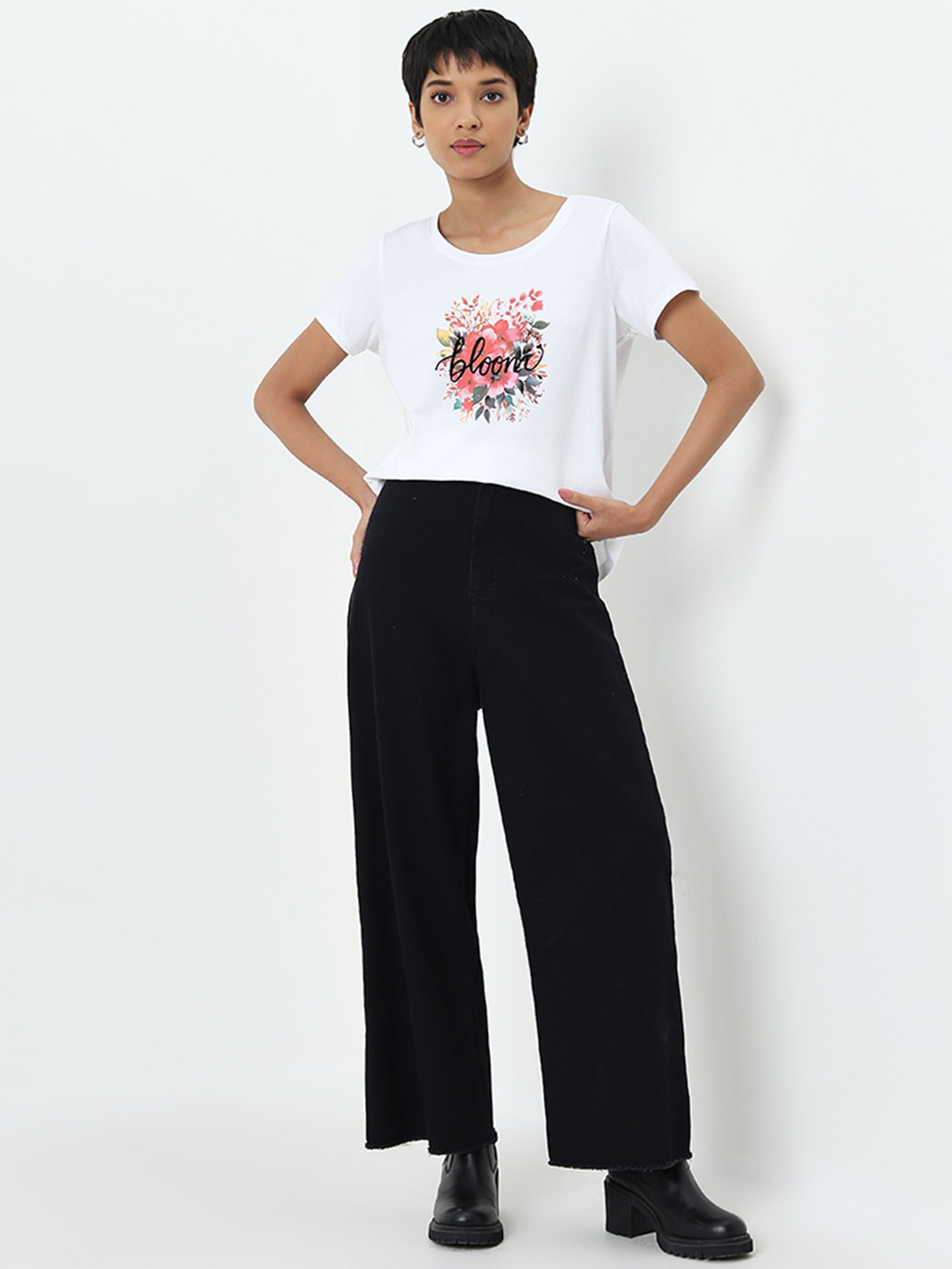 LOV by Westside White Floral Printed Cotton T-Shirt