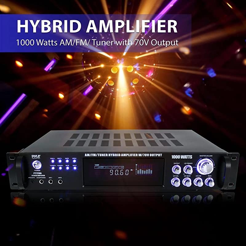 4-Channel Home Audio Power Amplifier - w/ 70V Output - 1000 Watt Rack Mount Stereo Receiver w/ AM FM Tuner, Headphone, Microphone Input for Karaoke, Great for Commercial Entertainment Use -  PT720A B