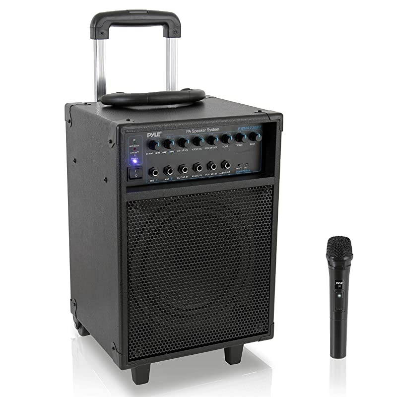 Wireless Portable PA System-400W Bluetooth Compatible Rechargeable Battery Powered Outdoor Sound Stereo Speaker Microphone Set w/Handle, Wheels-1/4 to AUX, RCA Cable (PWMA230BT)