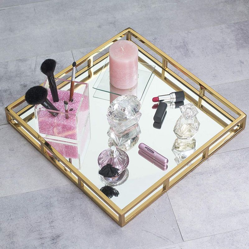 Classic Touch Gold-Tone Square Mirror Tray- Gold 