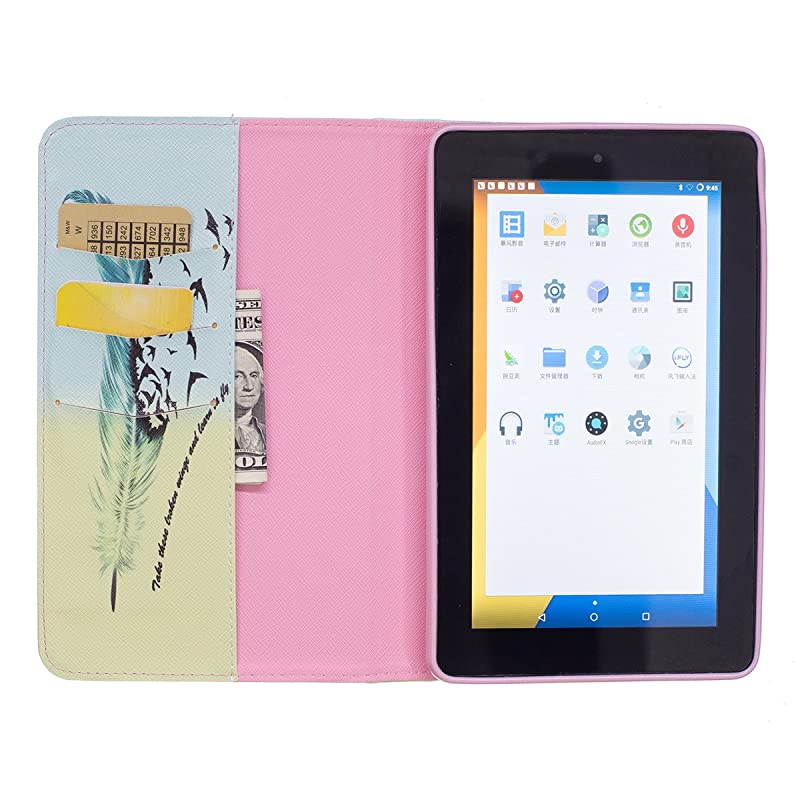 Case for Fire 7 2015  Kickstand Slim Fit Flip Cover with Card Slots Cash Holder Protective Case for  Kindle Fire 7 Display 5th Generation 2015 Release Feather