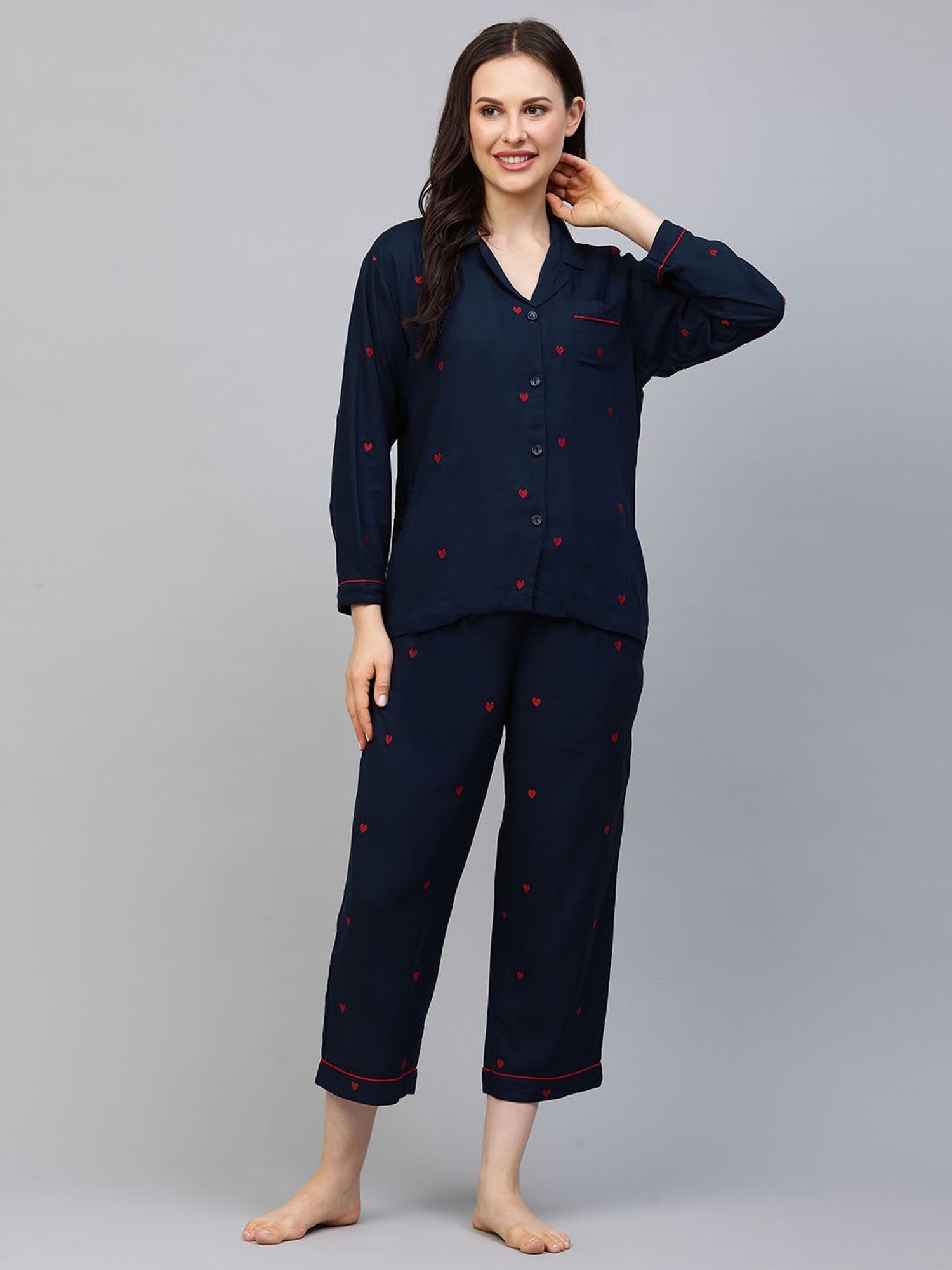 Chemistry Navy Embroidered Shirt With Pyjamas
