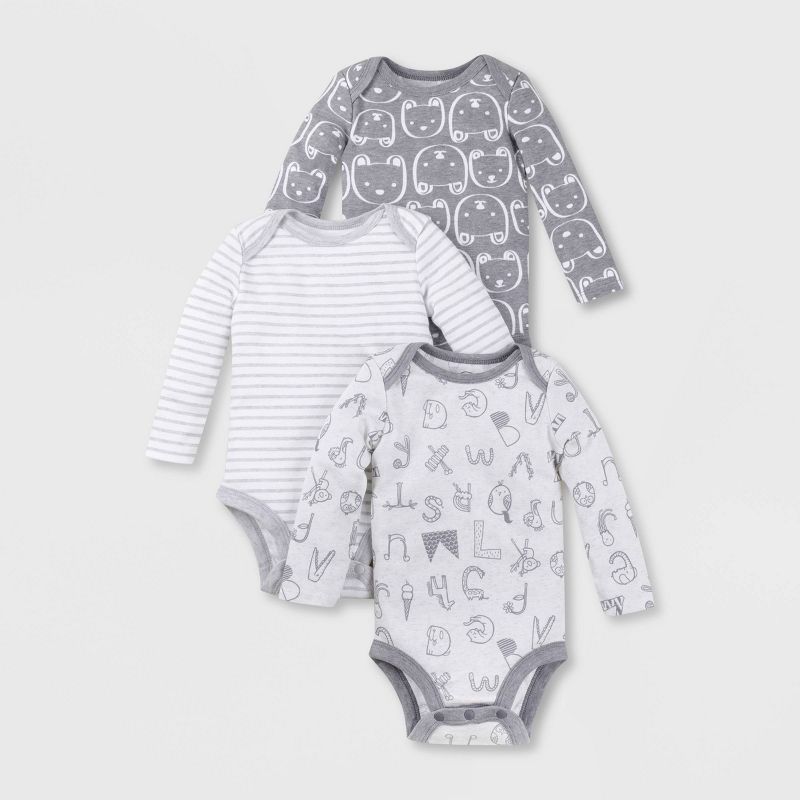 Lamaze Baby Organic 3pk Long Sleeve Alpha Print Bodysuit - Gray Newborn