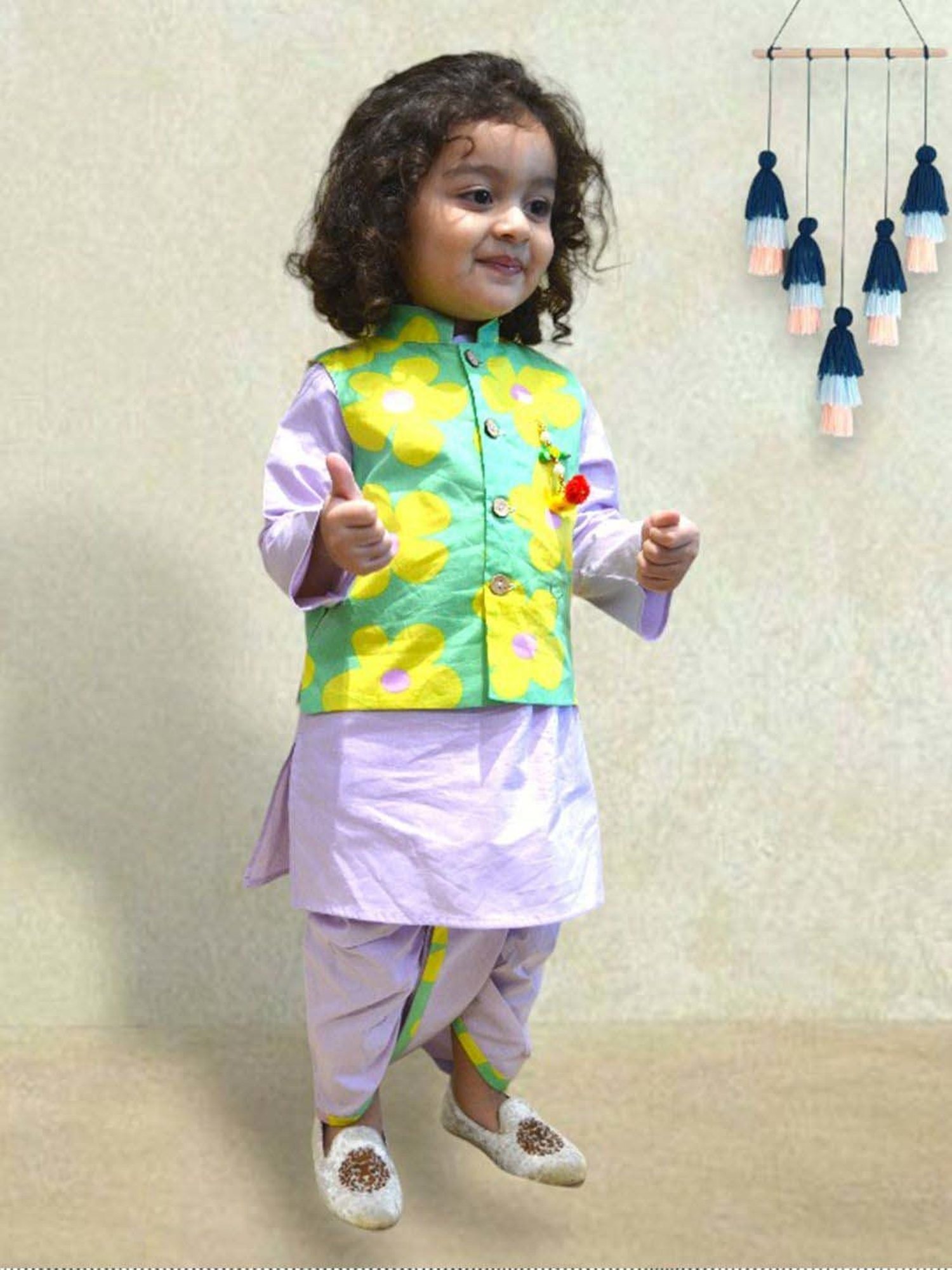 A.T.U.N. Boys Lavender & Green Cotton Printed Full Sleeves Kurta Set