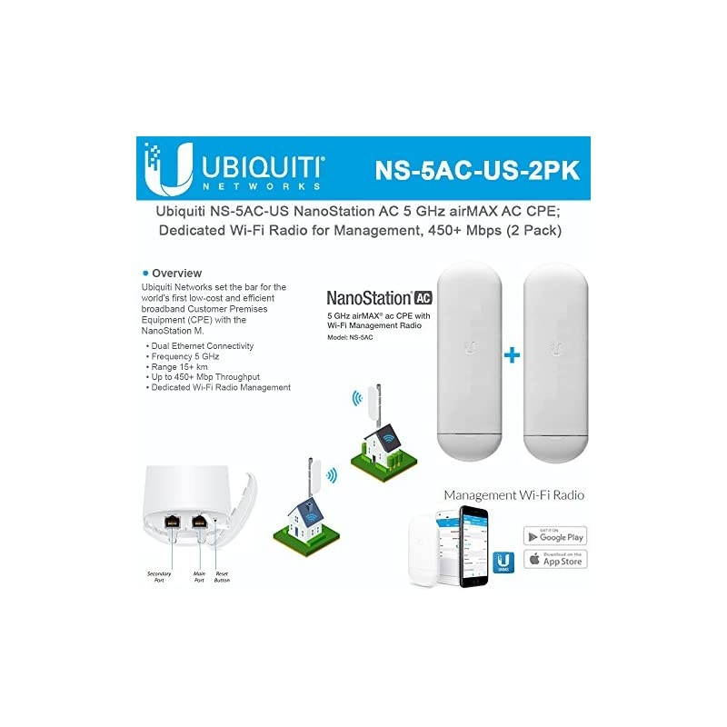 AC NS-5AC-US 5 GHz Airmax AC CPE Dedicated Wi-Fi Radio for Management 450+ Mbps (2 Pack)