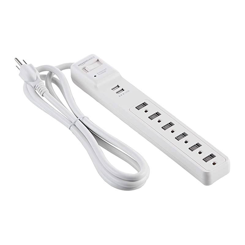 Basics 6Outlet Surge Protector Power Strip with 2 USB Ports 500 Joule White 2Pack