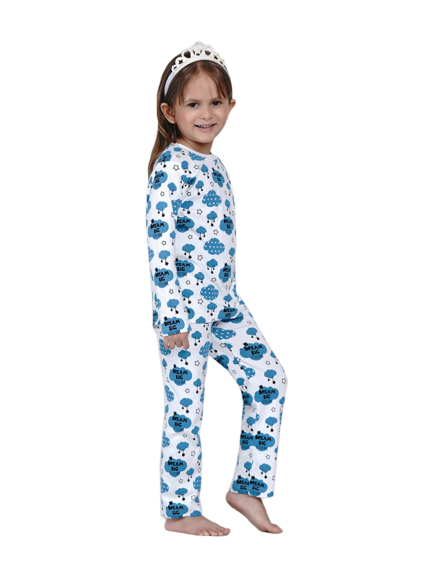 Berrytree Organic Girls Blue Cotton Clouds Print Night Suits