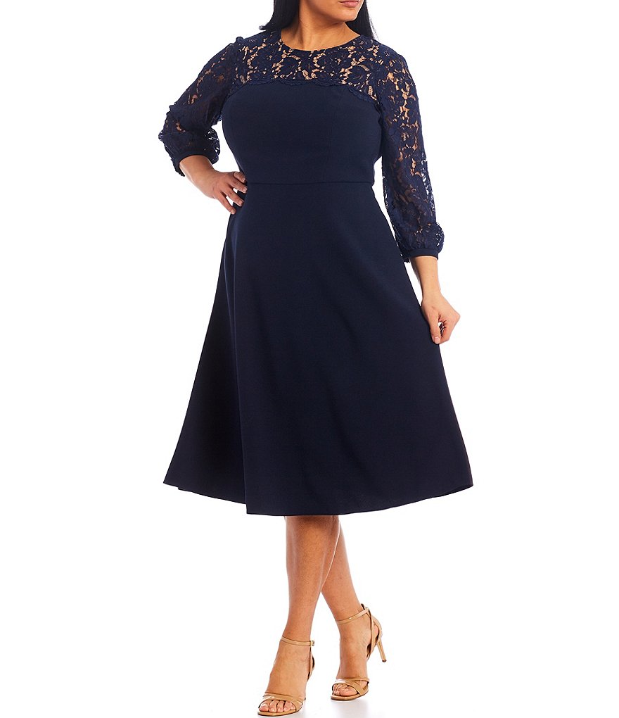 Eliza J Plus Size Long Sleeve Jewel Neck Lace Midi Dress