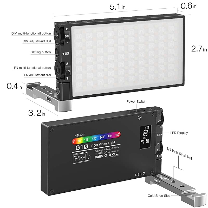 Video Light, 360 &deg; Full Color LED Camera Light, Dimmable 2500K-8500K Portable Pocket Size Camera Lighting, 12 Lighting Effect Mode, Built-in 3200mAh Rechargeable Battery