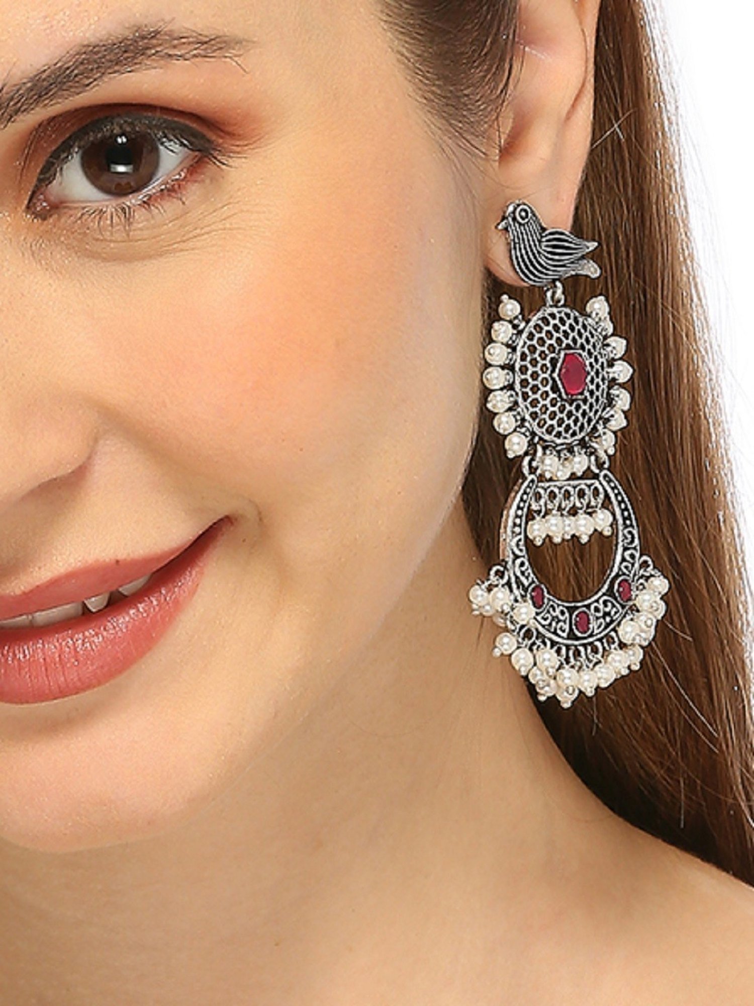 Oomph Oxidized Silver Look Alike Bird Design Maroon Stone Pearls Ethnic Dangler Earrings