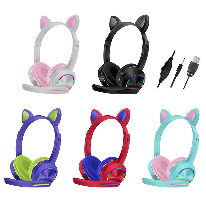 AKZ-020 Wired Headphones Stereo Super Bass 40MM Drivers Earphone RGB Luminous Foldable Head-Mounted Cute Cat Ear Gaming Headset Review Education Machine with Mic-Dark Blue