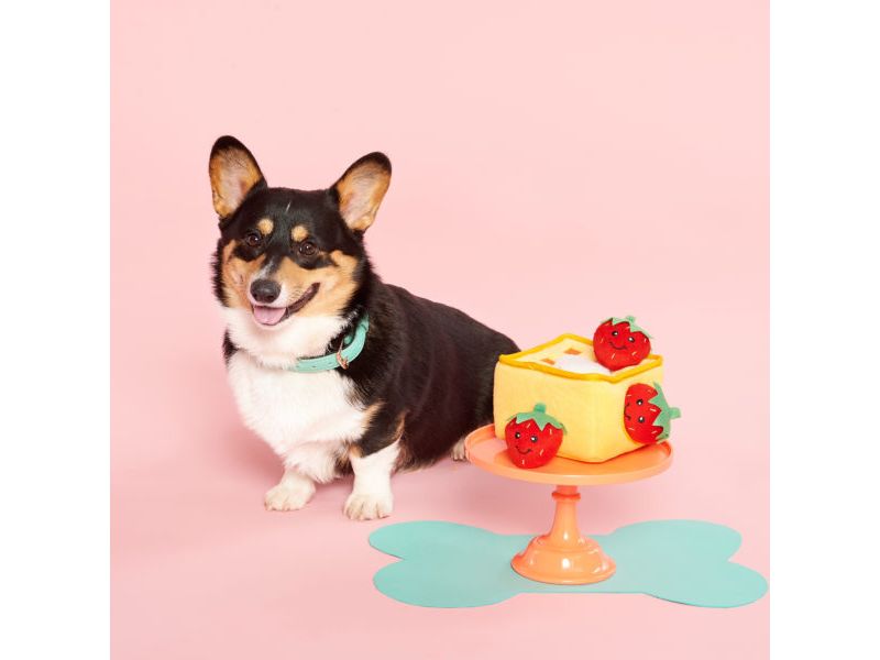 ZippyPaws - Food Buddies Burrow, Interactive Squeaky Hide and Seek Plush Dog Toy - Strawberry Waffles