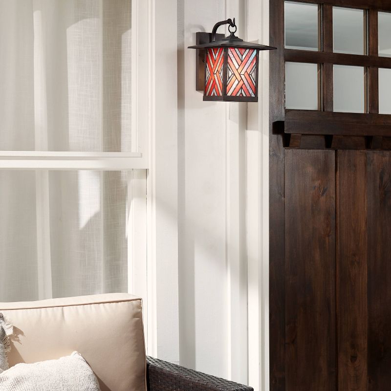 11.75" Stained Glass 1-Light Geometric Bronze Outdoor Lantern Wall Sconce - River of Goods