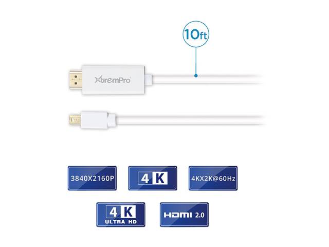 XtremPro 11166 Mini DisplayPort to HDMI Cable (Mini DP to HDMI DP) 10 Feet - Mini DisplayPort/Thunderbolt Port Compatible - White