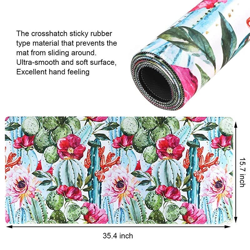 Desk Mat Extended Gaming Mouse Pad 354 x 157 XXL Keyboard Laptop Mousepad with Stitched Edges Non Slip Base WaterResistant Computer Desk Pad for Office and Home Cactus