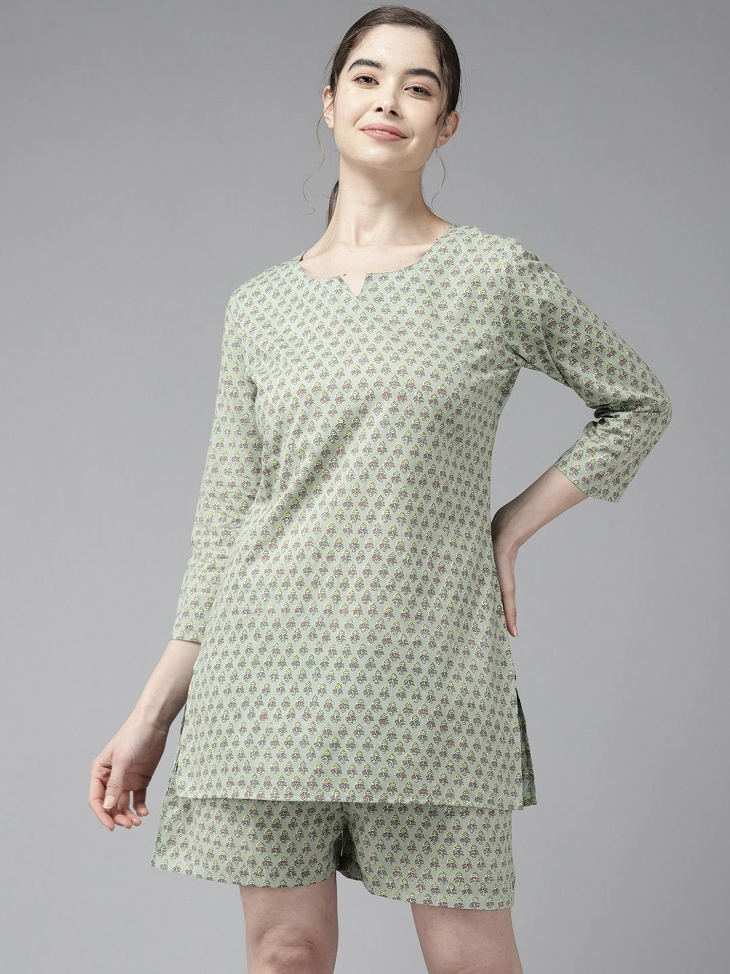 Prakrti Green Cotton Printed Top Shorts Set