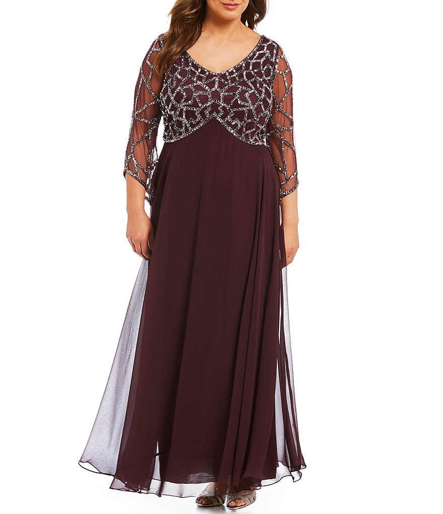 Jkara Plus Sequined V-Neck 3/4 Sleeve Gown