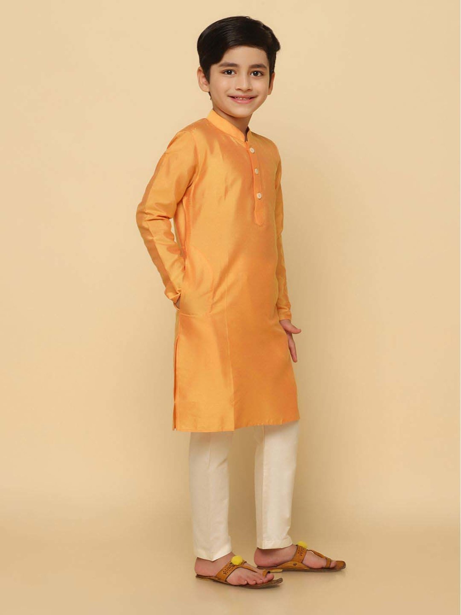 KISAH Kids Orange & White Regular Fit Full Sleeves Kurta Set